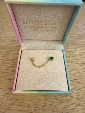Gold Chain Ear Pin with Green and Clear Stones